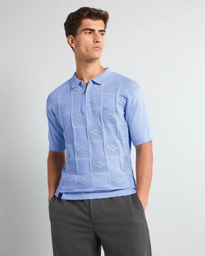 Bosstone Ice Blue Knitted Cotton Zipper Polo T-Shirt