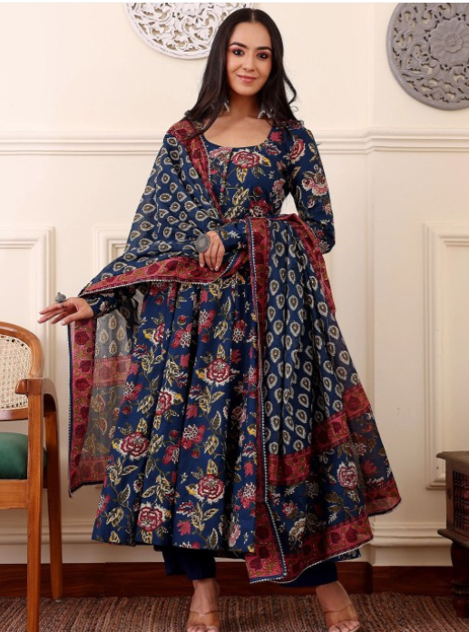 KALINI Floral Printed Anarkali Kurta With Trousers And Dupatta