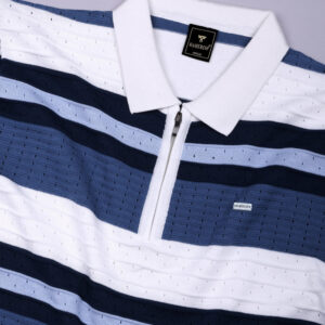 Frosty Blue Stripe Knitted Cotton Zipper Polo T-Shirt