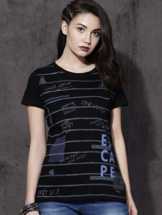 Women Black Striped Round Neck T-shirt