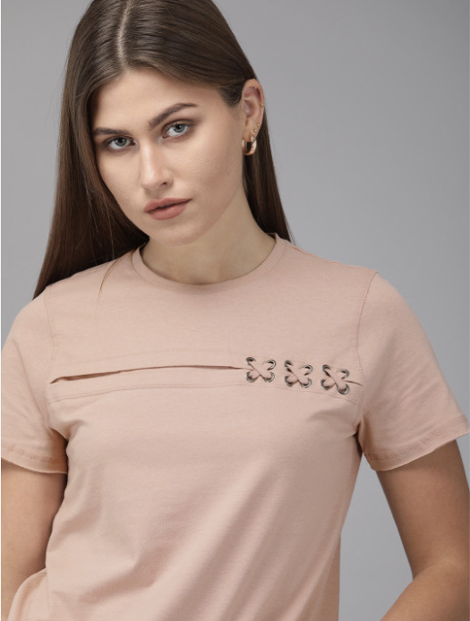 Women Mauve Solid Round Neck Pure Cotton T-shirt with Lace Detailing