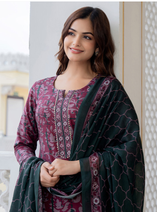 KALINI Floral Printed Notch Neck Straight Kurta With Trousers & Dupatta