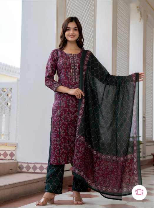 KALINI Floral Printed Notch Neck Straight Kurta With Trousers & Dupatta - Image 7