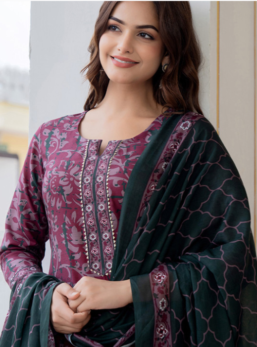 KALINI Floral Printed Notch Neck Straight Kurta With Trousers & Dupatta - Image 6