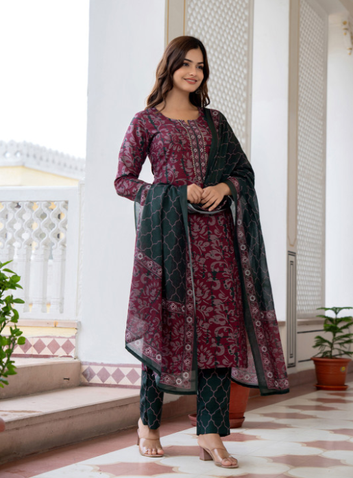 KALINI Floral Printed Notch Neck Straight Kurta With Trousers & Dupatta - Image 5