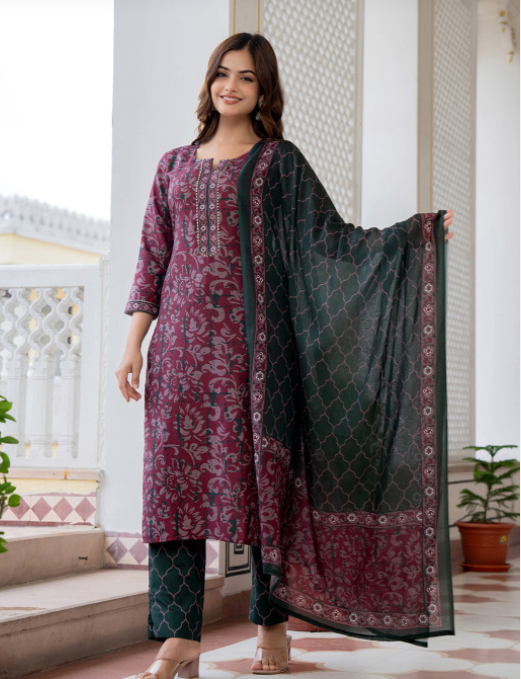KALINI Floral Printed Notch Neck Straight Kurta With Trousers & Dupatta - Image 3