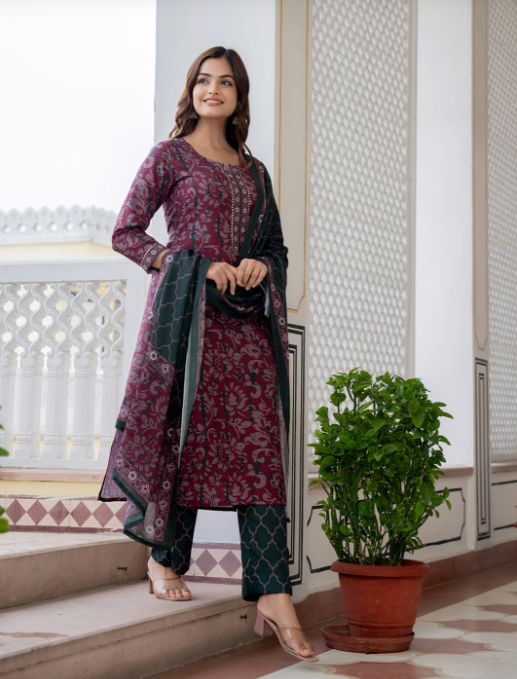KALINI Floral Printed Notch Neck Straight Kurta With Trousers & Dupatta - Image 2