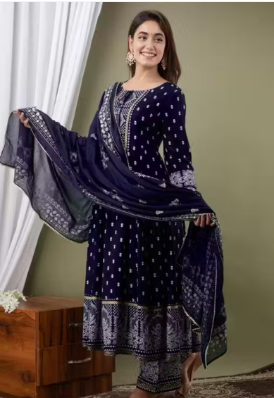 Dauji Printed and Anarkali NAVY Blue Kurti set for Woman & Girls, Three-Quarter Sleeves, febric- Reyon,Stitched,Kurti set for Wedding, Party Wear, & Daily Use (Kurti,Duptta & Palazzo)