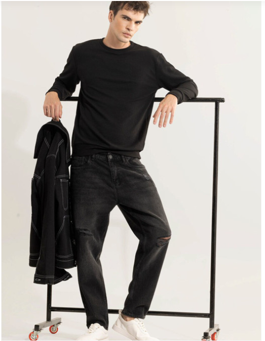 Snitch Men Slash Knee Baggy Pure Cotton Jeans